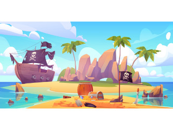 Cartoon Pirate Ship & Isand