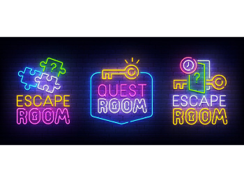 neon signs reading 'escape room'