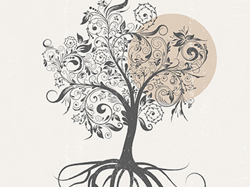 Illustration of tree with flowers, leaves, and roots in front of a sun.