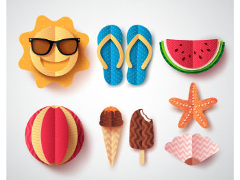 A collection of crafted paper materials representing summery items like the sun, an ice cream cone, and a watermelon.