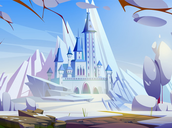 A large fairytale castle stands before a towering mountainscape on a sunny day.