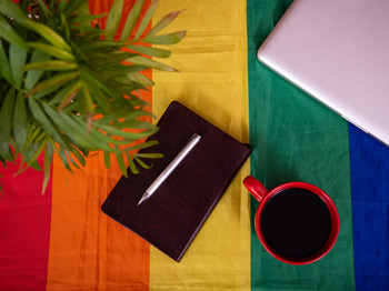 A notebook with a pen, a filled coffe mug, a laptop, and a plant sitting on a rainbow pride flag.
