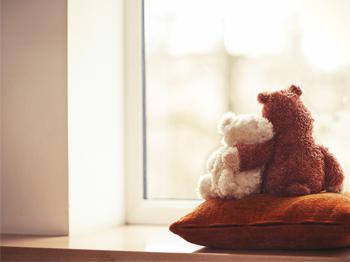 a photograph of a white teddy bear and a brown teddy bear sitting on a pillow looking out a window, the brown teddy bear has its arm on the white teddy bear's back in a comforting gesture.