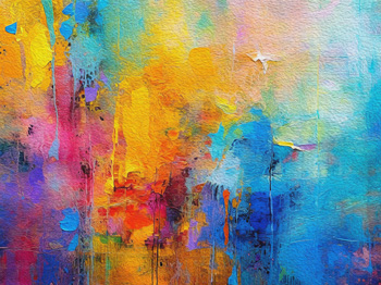 Colourful abstract blotches of paint blending together on canvas.