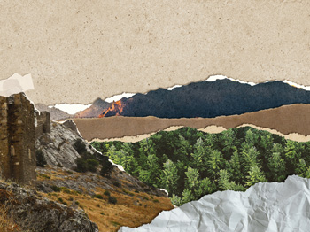 A collage of a landscape featuring mountains, forests, and skies.