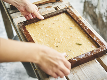 A photograph of a person making handmade paper