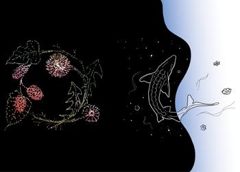 Left: Amina Lalor, mulberries & dandelions, 2020, mixed media illustration. Courtesy of artist.Right: Dani Kastelein-Longlade, Relations, 2022, digital illustration. Courtesy of artists. 