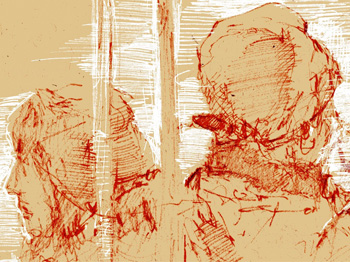 a sketch of two people wearing bonnets in cream, white and red.