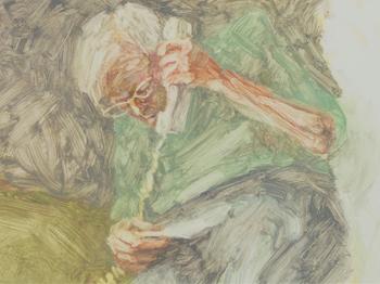 A oil paint sketch of an older woman holding a phone.